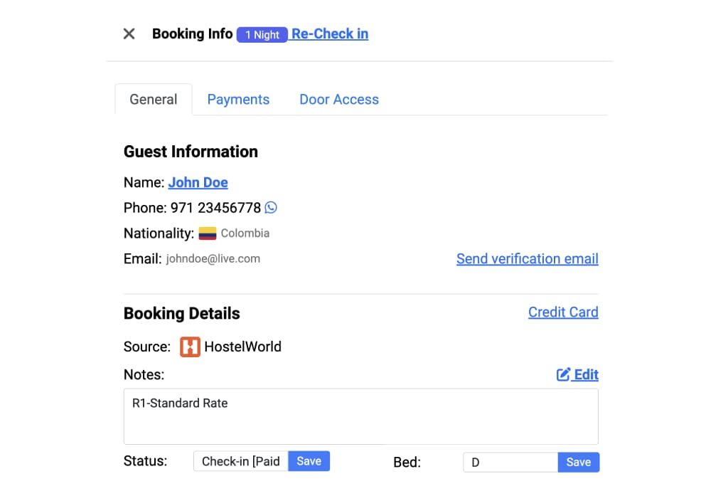 Hostel guest profile showing stay history and preferences